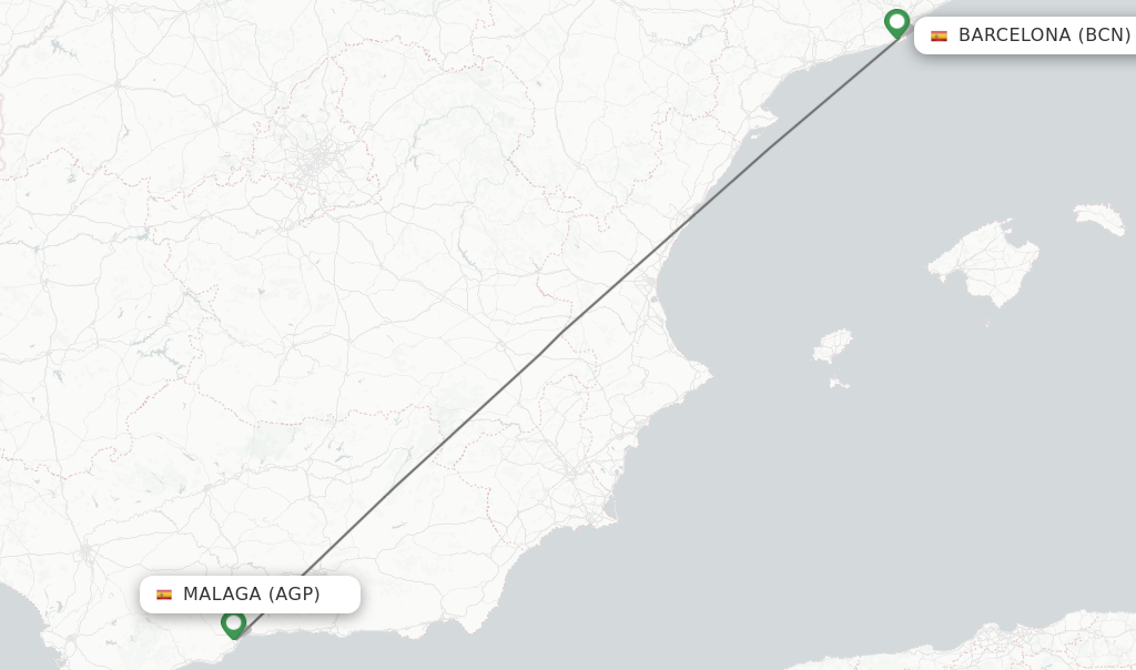 Flights from Malaga to Barcelona route map
