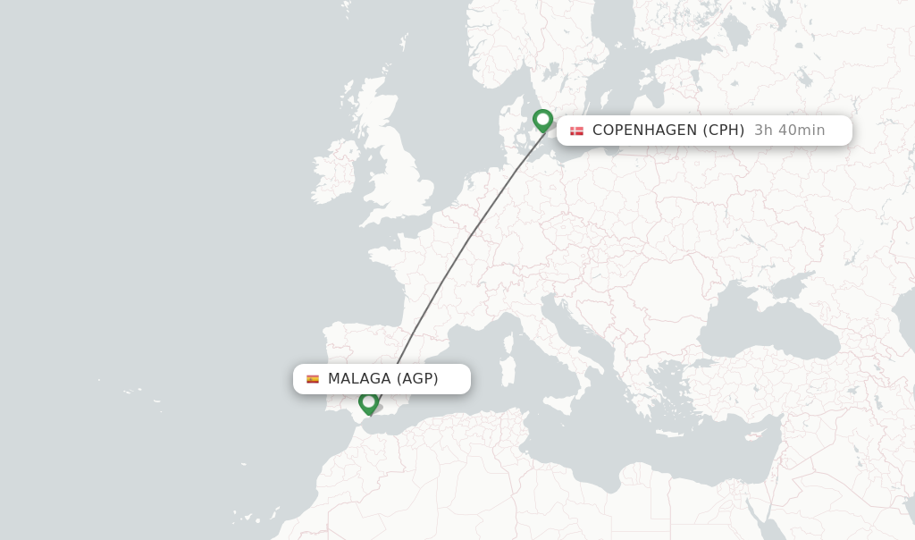 Flights from Malaga to Copenhagen route map