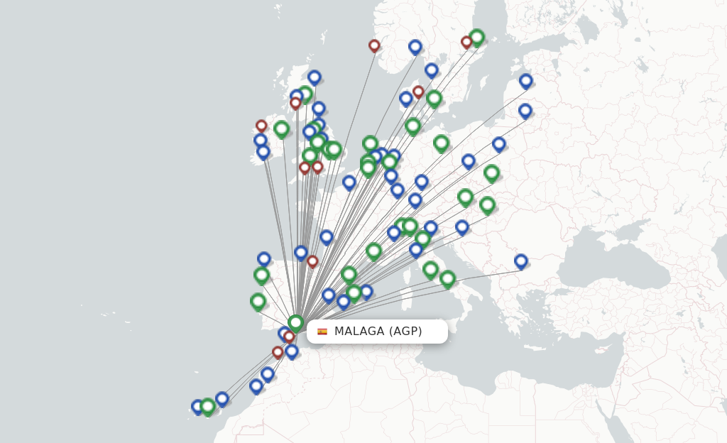 Route map with flights from Malaga with Ryanair