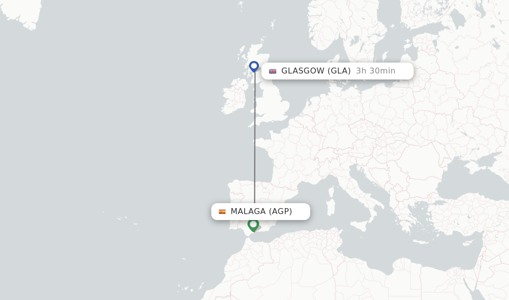 Flights from Malaga to Glasgow route map