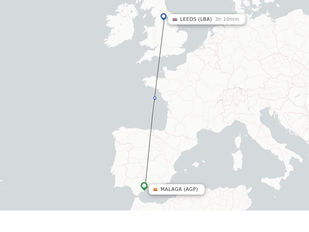 Flights from Leeds to Malaga route map
