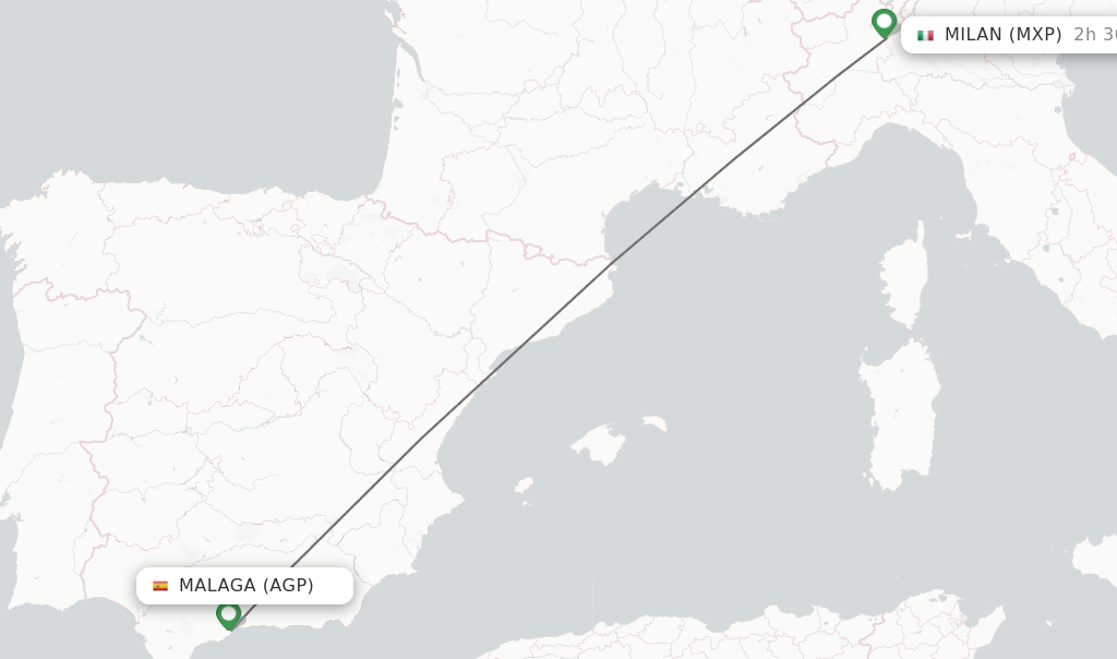 Flights from Malaga to Milan route map