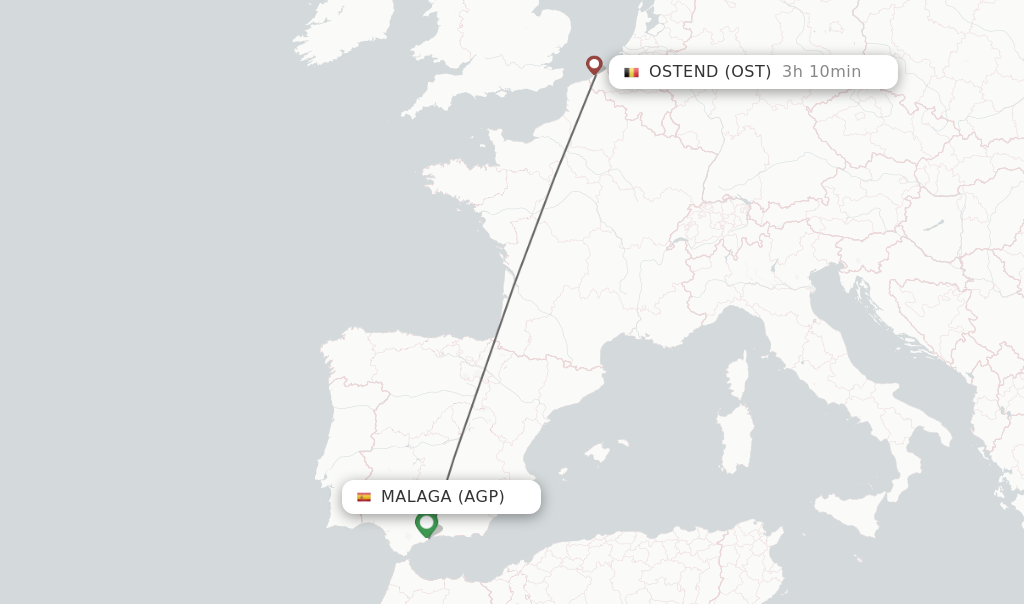 Flights from Malaga to Ostend route map