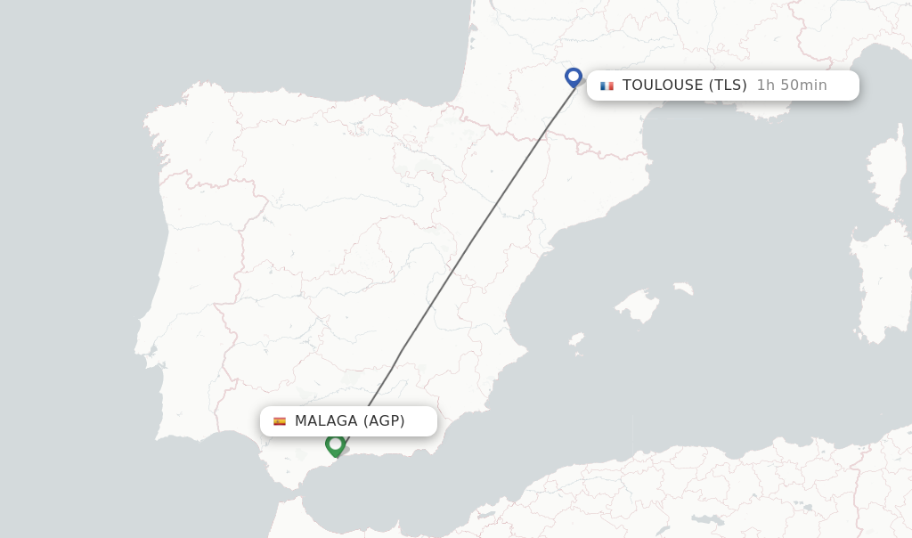Flights from Malaga to Toulouse route map