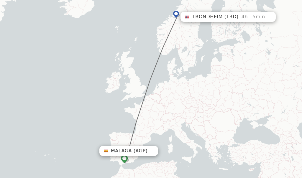 Flights from Malaga to Trondheim route map