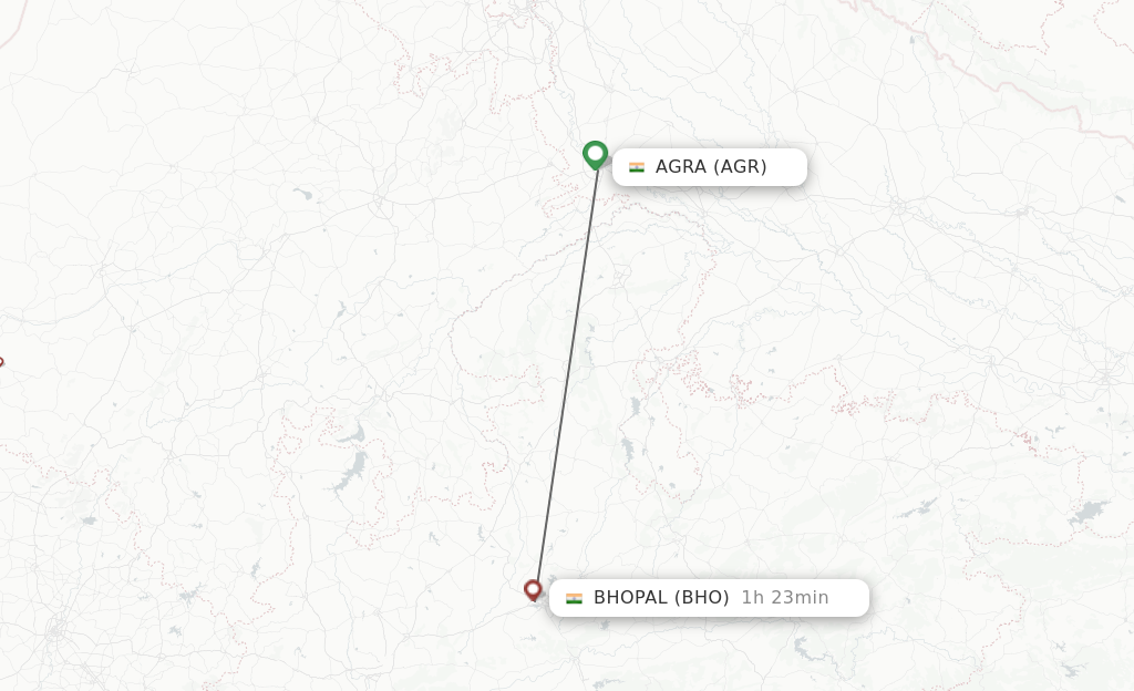 Flights from Agra to Bhopal route map