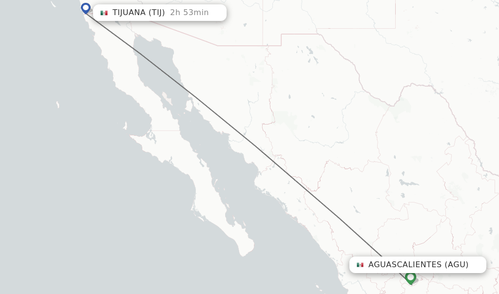 Flights from Aguascalientes to Tijuana route map
