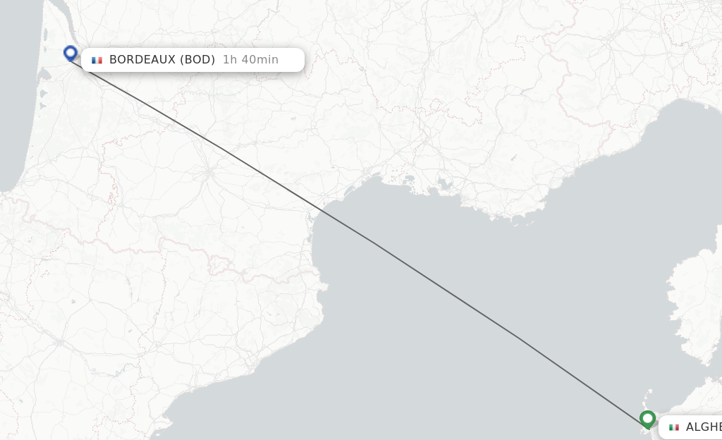 Flights from Alghero to Bordeaux route map