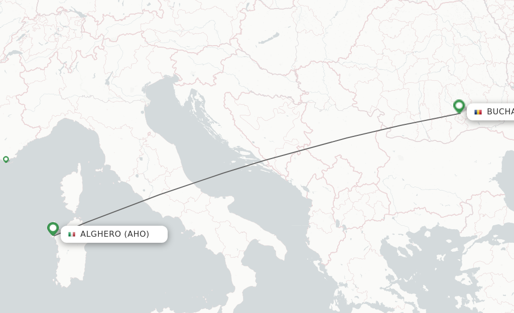 Flights from Alghero to Bucharest route map