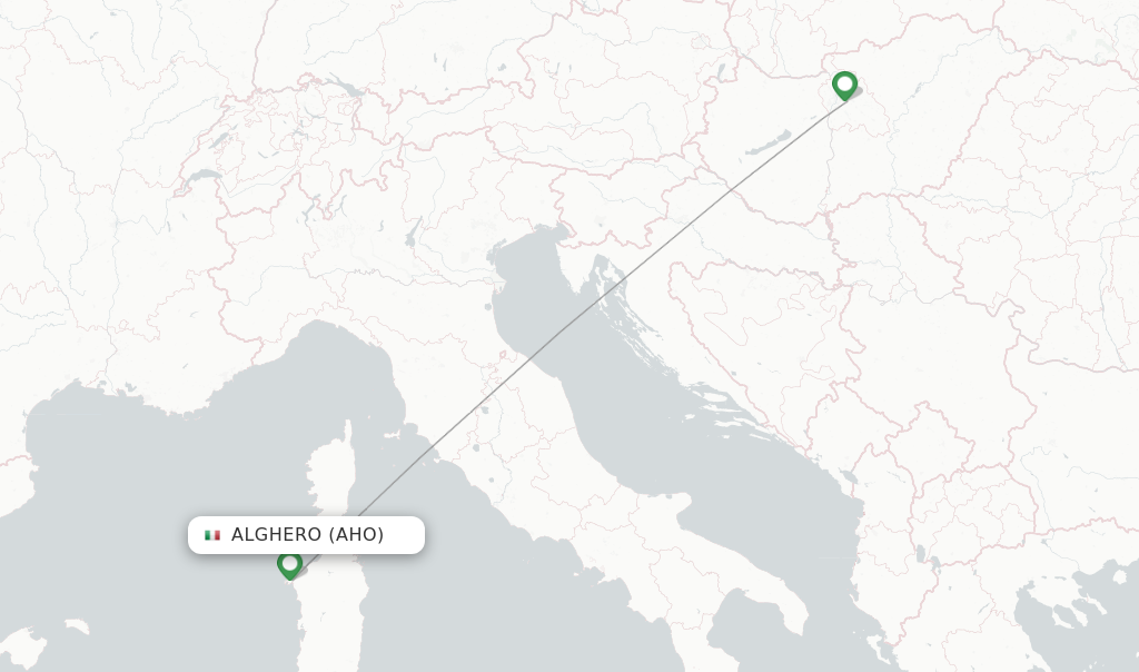 Route map with flights from Alghero with Wizz Air