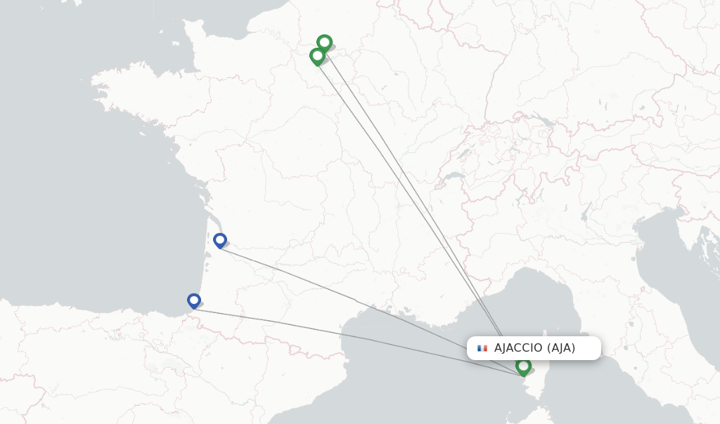 Route map with flights from Ajaccio with Air France