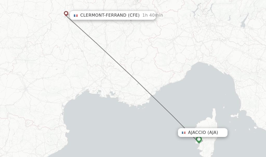 Flights from Ajaccio to Clermont-Ferrand route map