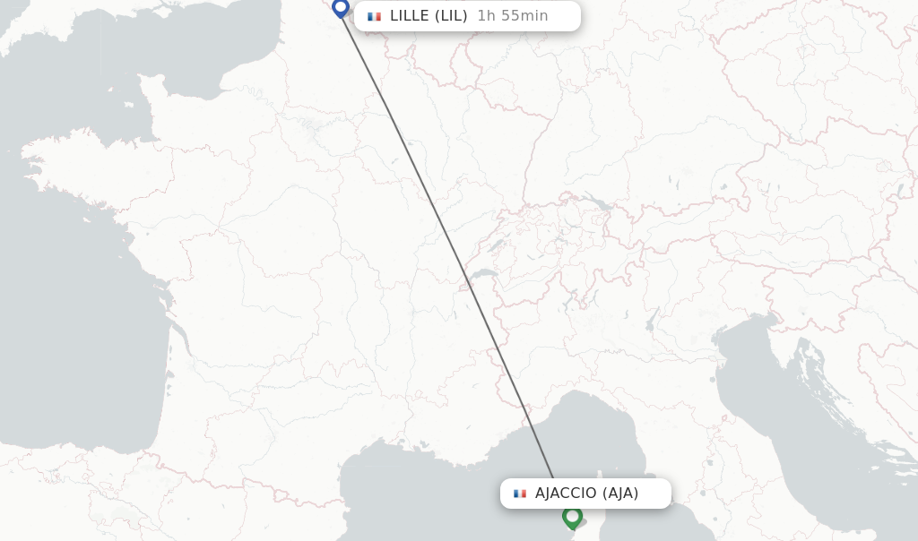 Flights from Ajaccio to Lille route map