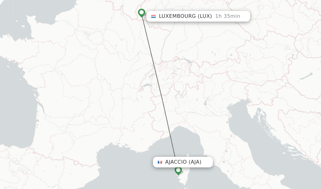 Flights from Ajaccio to Luxembourg route map