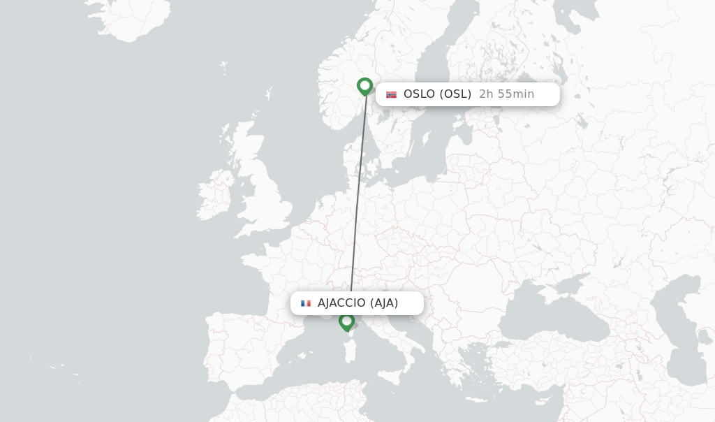 Flights from Ajaccio to Oslo route map