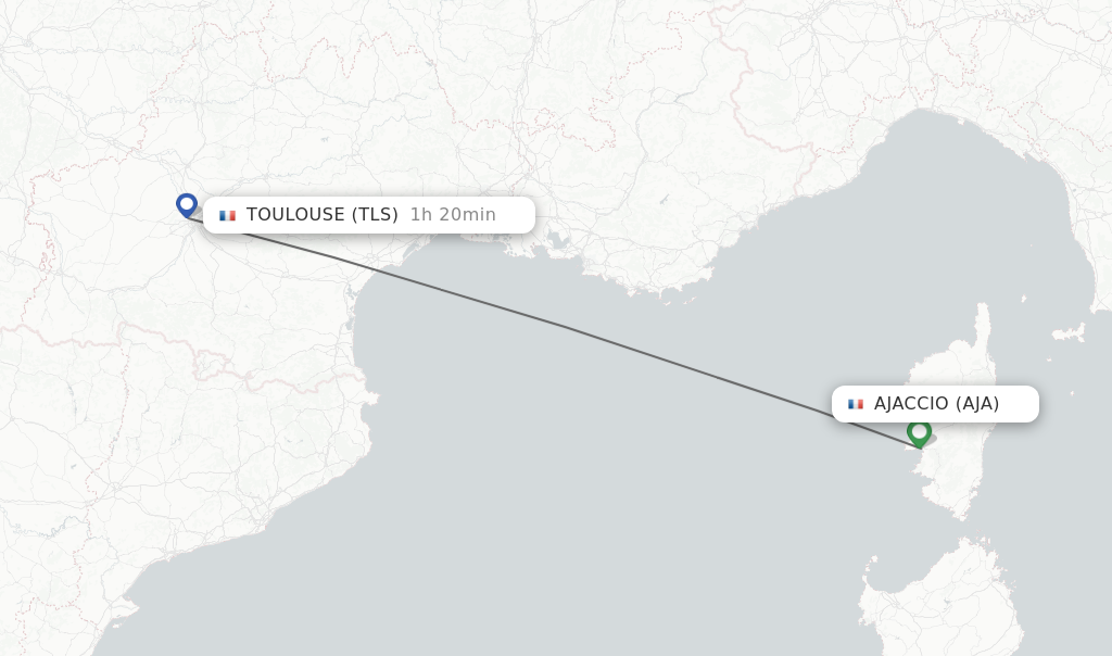 Flights from Ajaccio to Toulouse route map