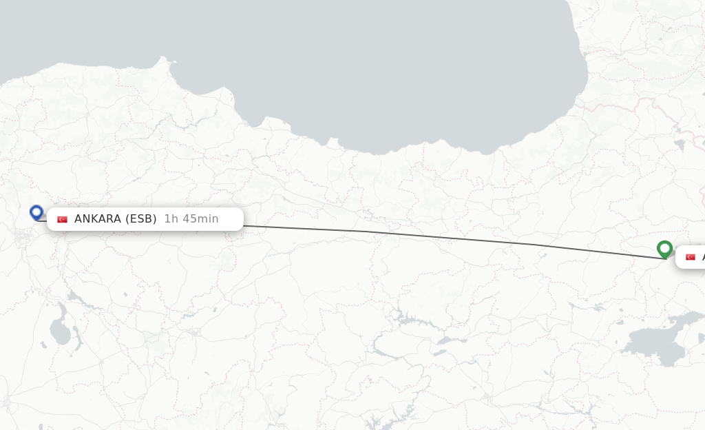 Flights from Agri to Ankara route map