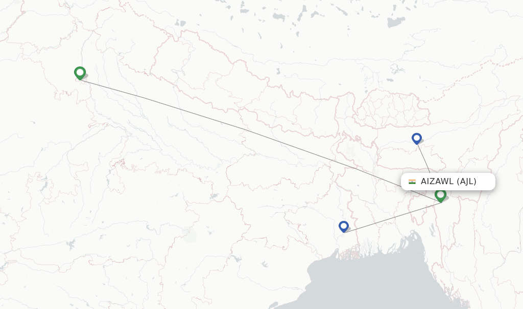 Route map with flights from Aizawl with IndiGo