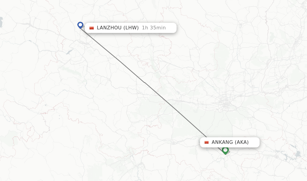 Flights from Lanzhou to Ankang route map