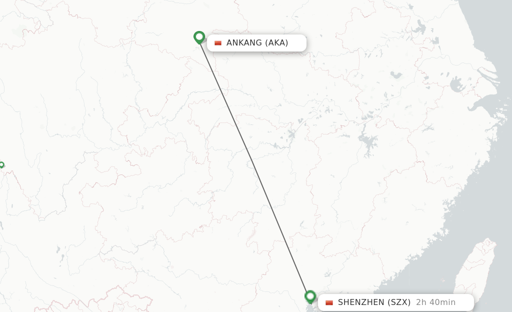 Flights from Ankang to Shenzhen route map