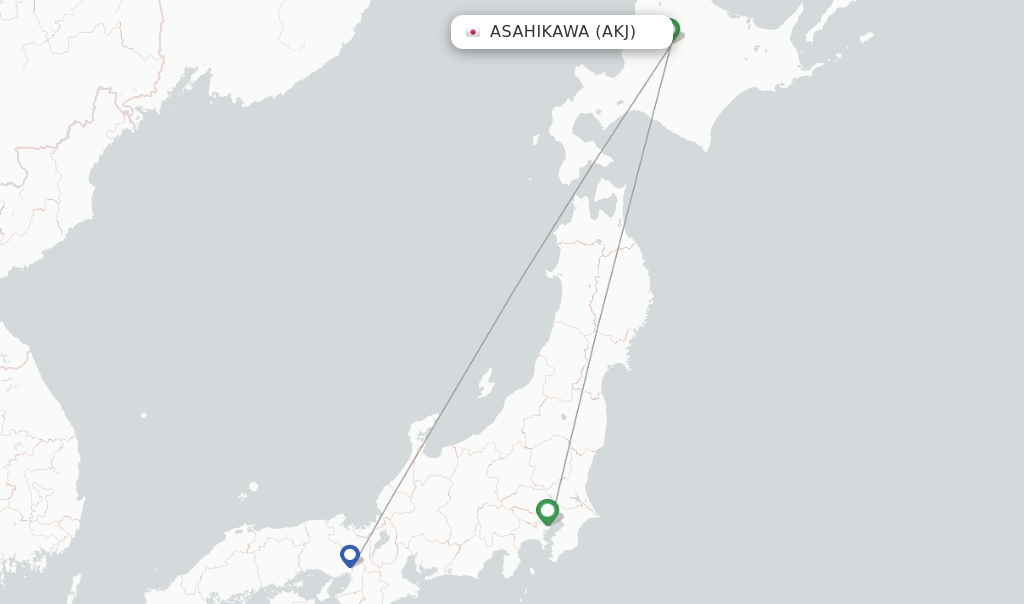 Route map with flights from Asahikawa with JAL
