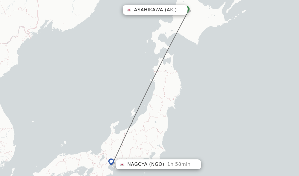 Flights from Asahikawa to Nagoya route map