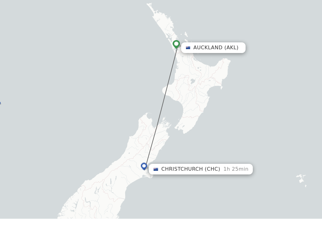 Flights from Auckland to Christchurch route map