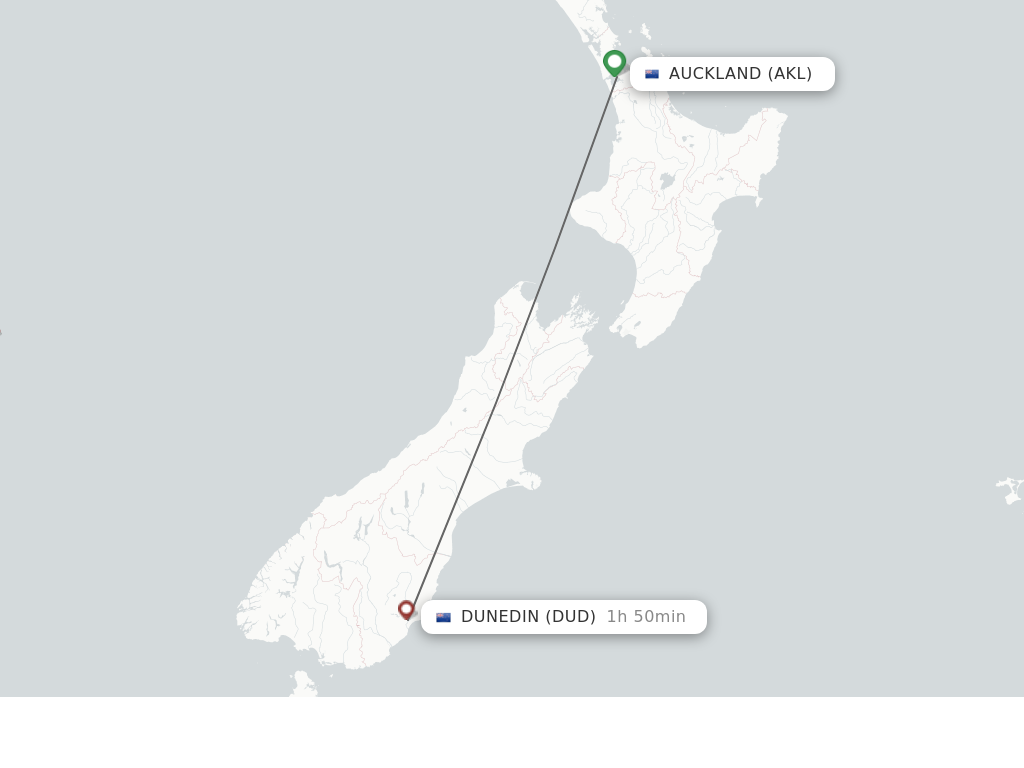 Flights from Auckland to Dunedin route map