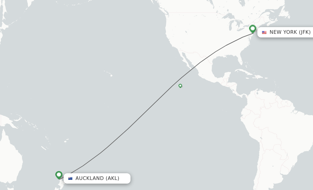 Flights from Auckland to New York route map
