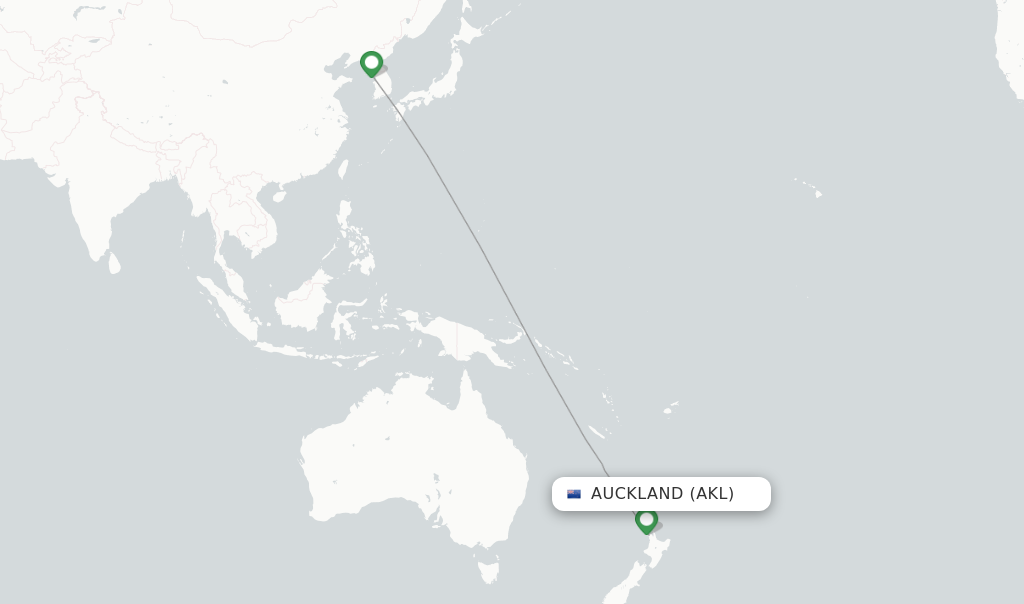 Route map with flights from Auckland with Korean Air
