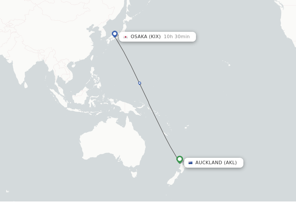 Flights from Auckland to Osaka route map