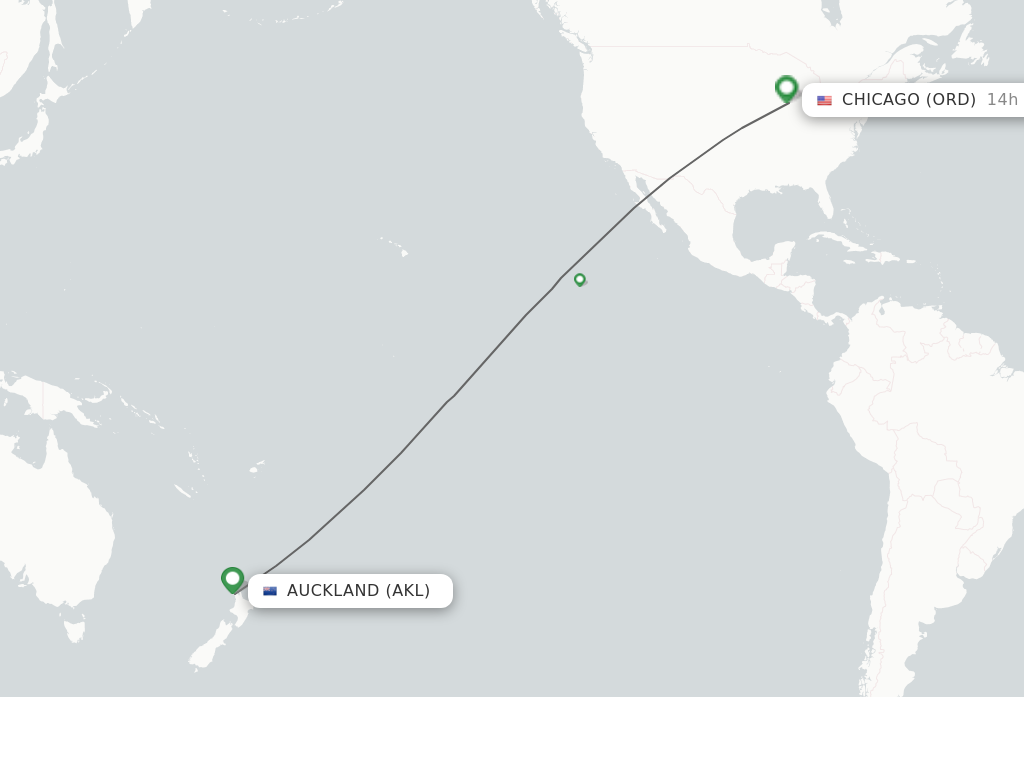 Flights from Auckland to Chicago route map