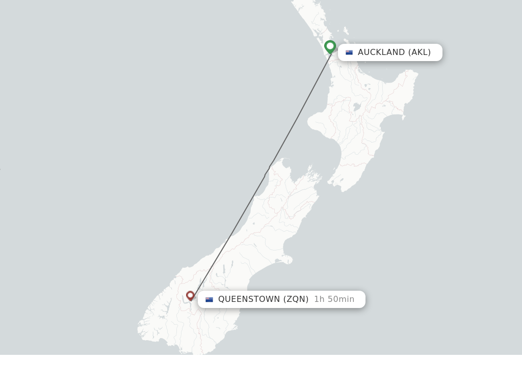 Flights from Auckland to Queenstown route map