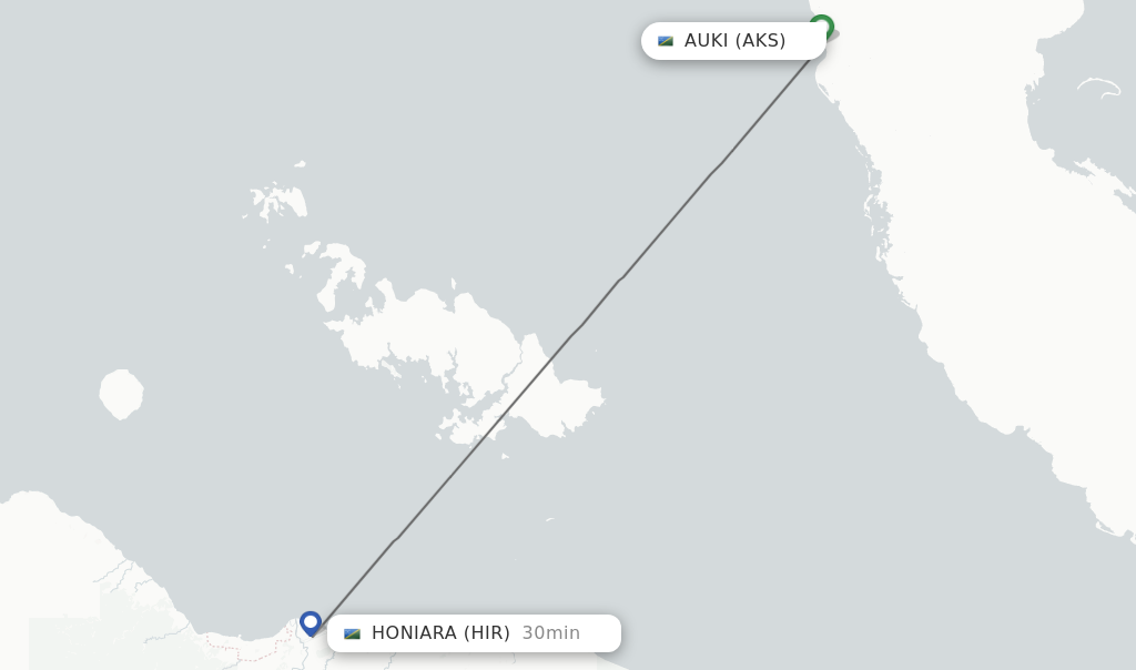 Flights from Auki to Honiara route map
