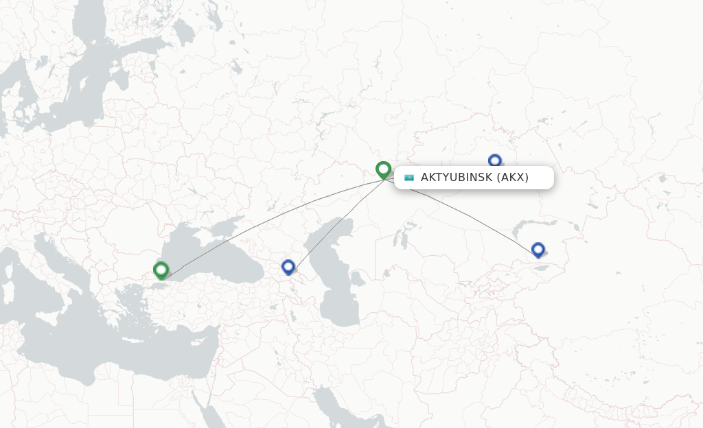Route map with flights from Aktobe with SCAT Airlines