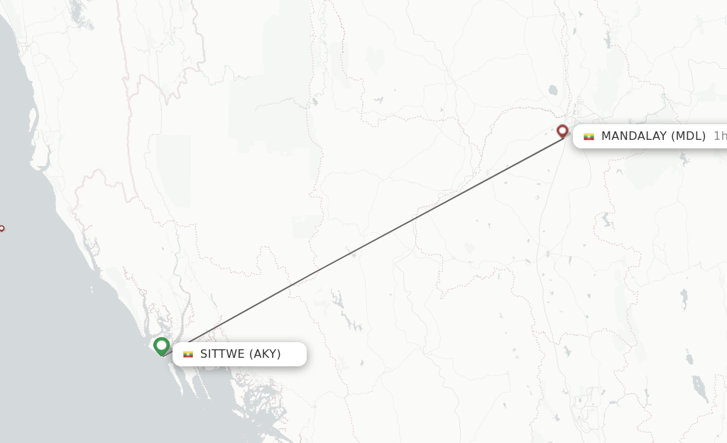 Flights from Sittwe to Mandalay route map