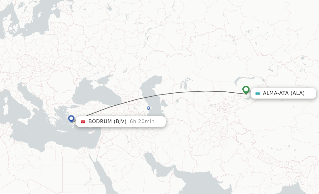 Flights from Almaty to Bodrum route map