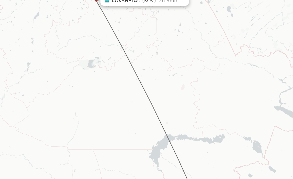 Flights from Almaty to Kokshetau route map