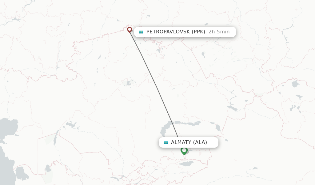 Flights from Almaty to Petropavlovsk route map