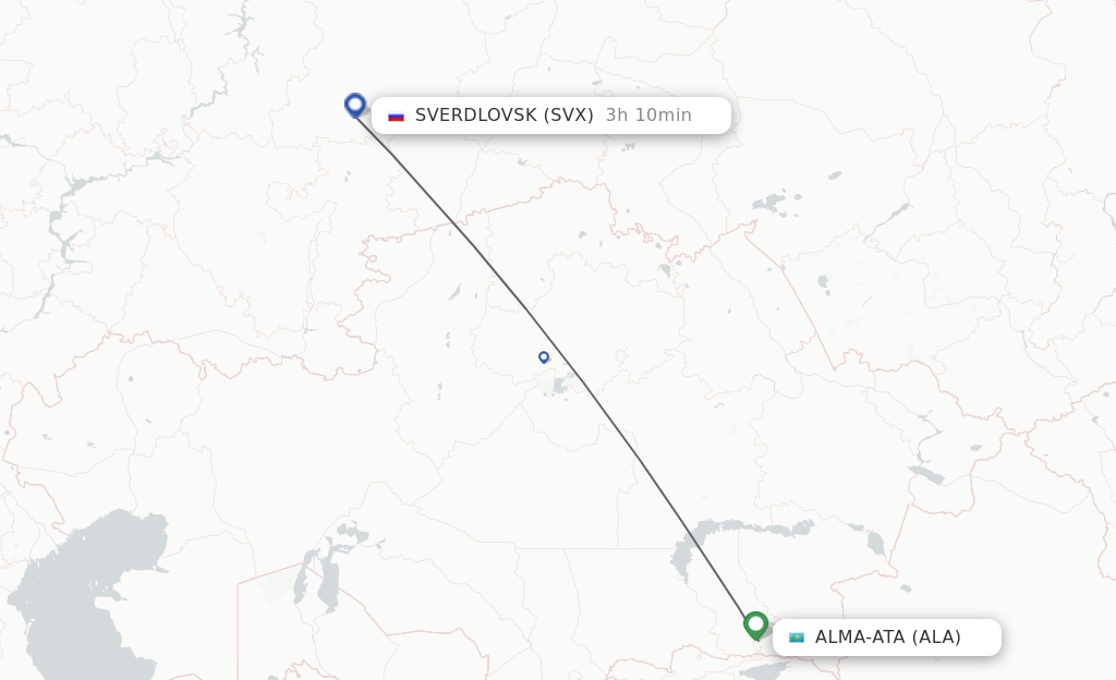 Flights from Almaty to Yekaterinburg route map
