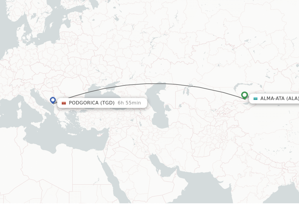 Flights from Almaty to Podgorica route map