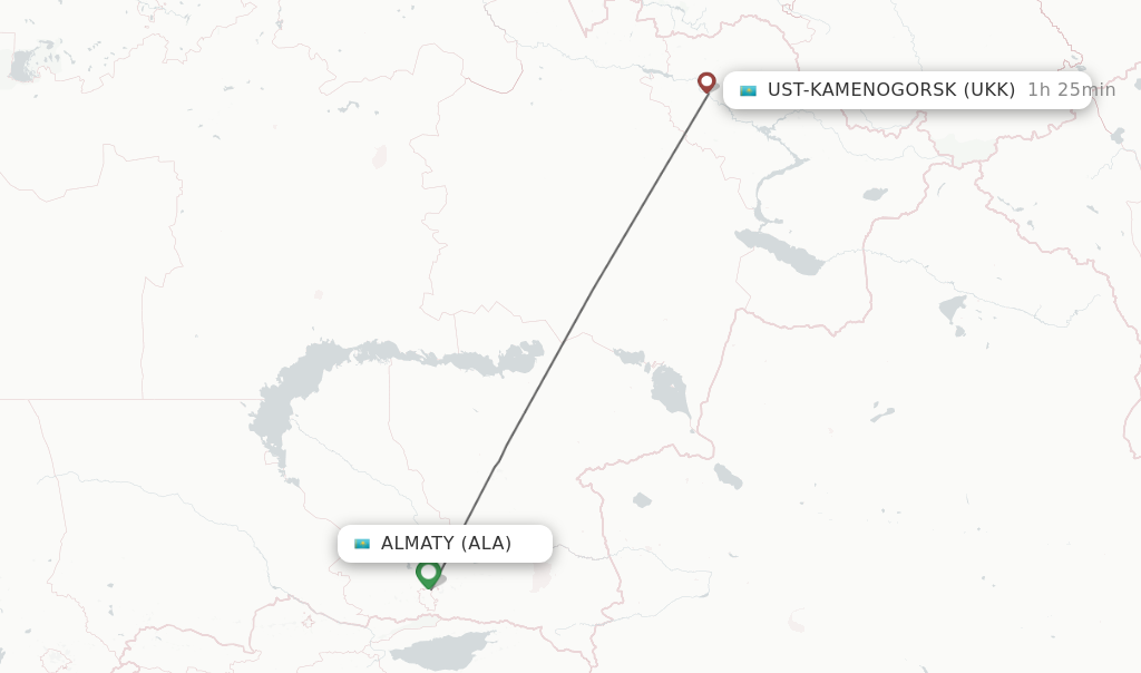 Flights from Almaty to Ust-Kamenogorsk route map