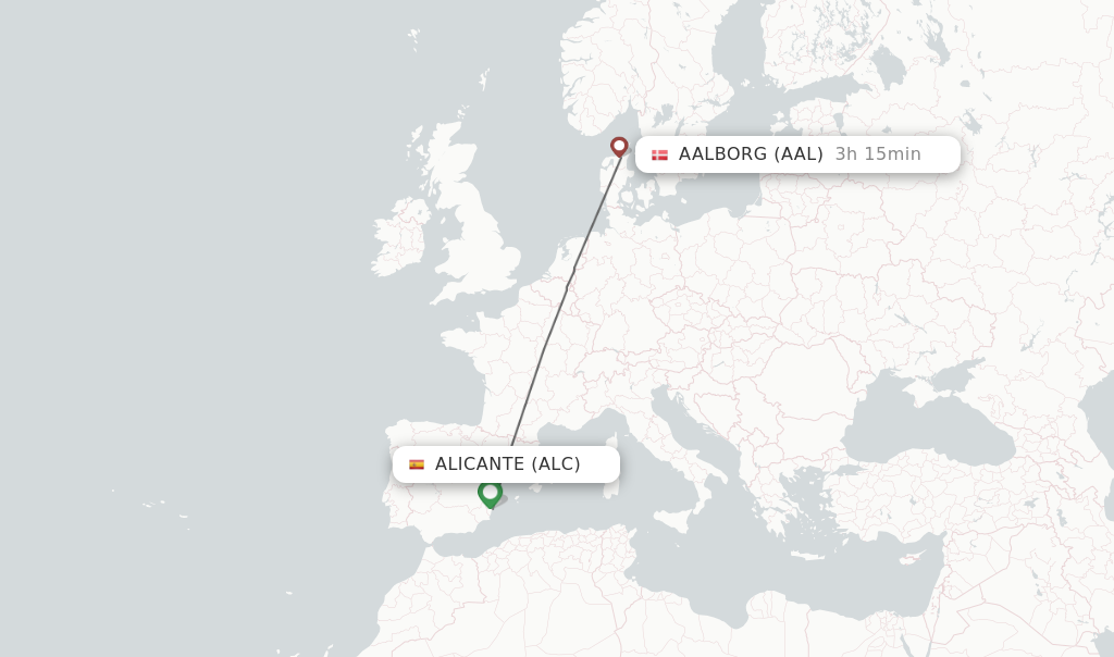 Flights from Alicante to Aalborg route map