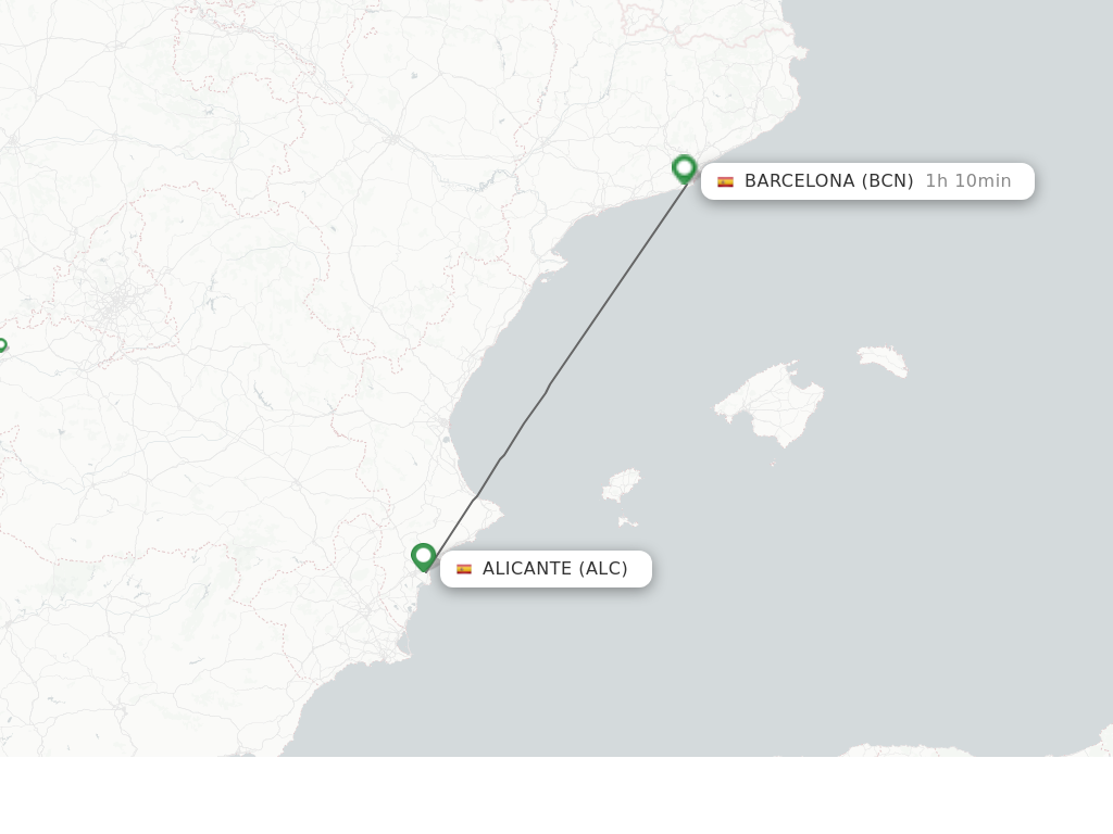 Flights from Alicante to Barcelona route map