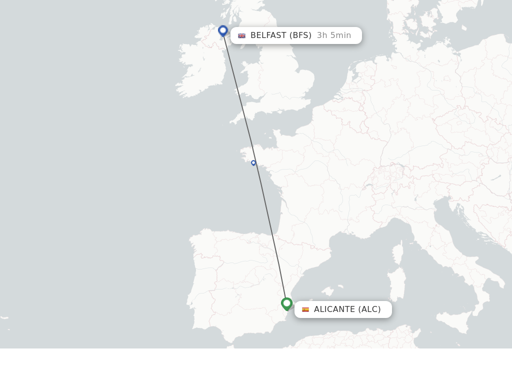 Flights from Alicante to Belfast route map