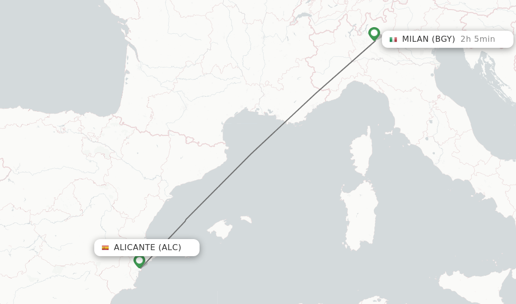 Flights from Alicante to Milan route map