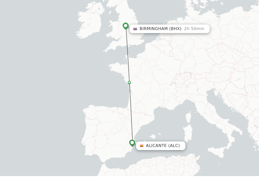 Flights from Alicante to Birmingham route map