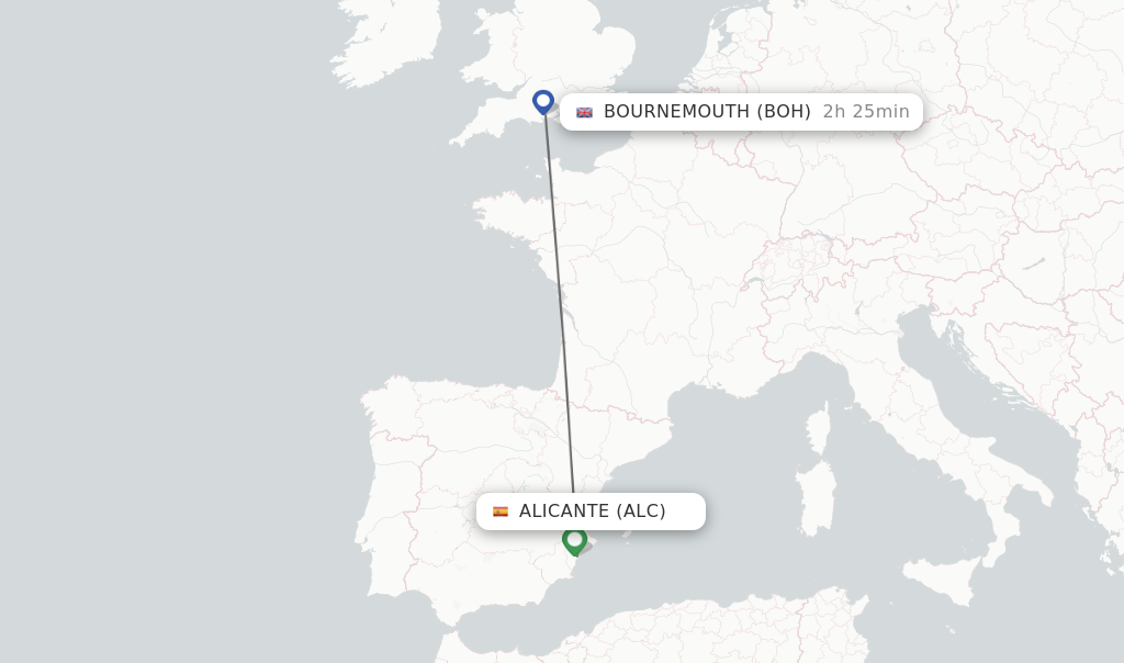 Flights from Alicante to Bournemouth route map