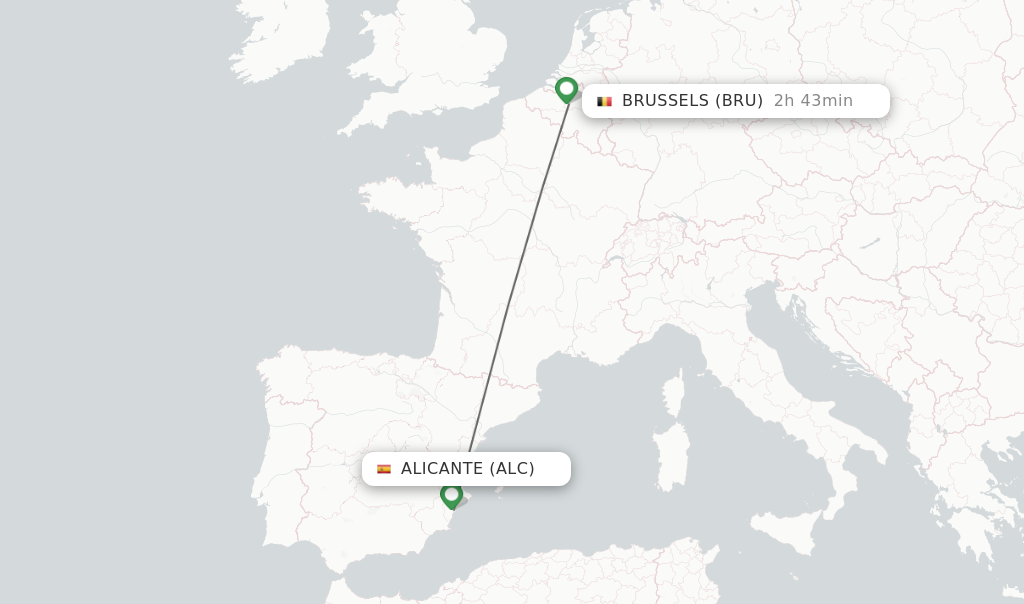 Flights from Alicante to Brussels route map