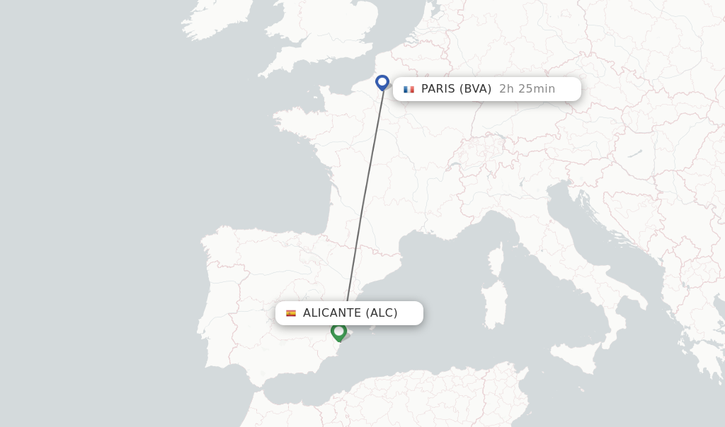 Flights from Alicante to Paris route map